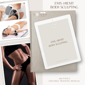 Op de afbeelding: Een digitale trainingshandleiding getiteld "EMS-HIEMT Body Sculpting" met de tekst "160 pagina's Bewerkbare trainingshandleiding". De afbeelding bevat foto's van lichaamsvorming behandelingen en een getoned lichaam.
