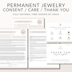 Formulaires commerciaux de bijouterie permanente, formulaires de renonciation à la renonciation à votre consentement, carte de remerciement, carte de service client de bijouterie permanente, modification dans Canva