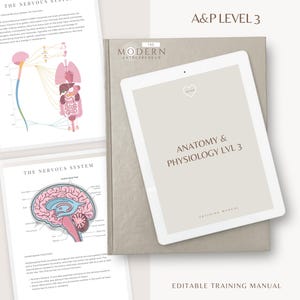 May include: A digital tablet displaying the text "Anatomy & Physiology LVL 3" from a training manual. The image also shows two pages with diagrams of the nervous system and the text "The Nervous System".