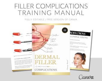 Trainingshandleiding dermale vullercomplicaties, gids vullercomplicaties, e-boek dermale vuller, esthetische kliniek, verpleegkundige injectie, bewerken in Canva