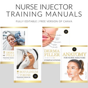 May include: Four training manuals for nurse injectors. The manuals cover dermal fillers, botulinum toxins, anatomy for nurse injectors, and dermal filler complications. The manuals have a gold border and feature images of women's faces.