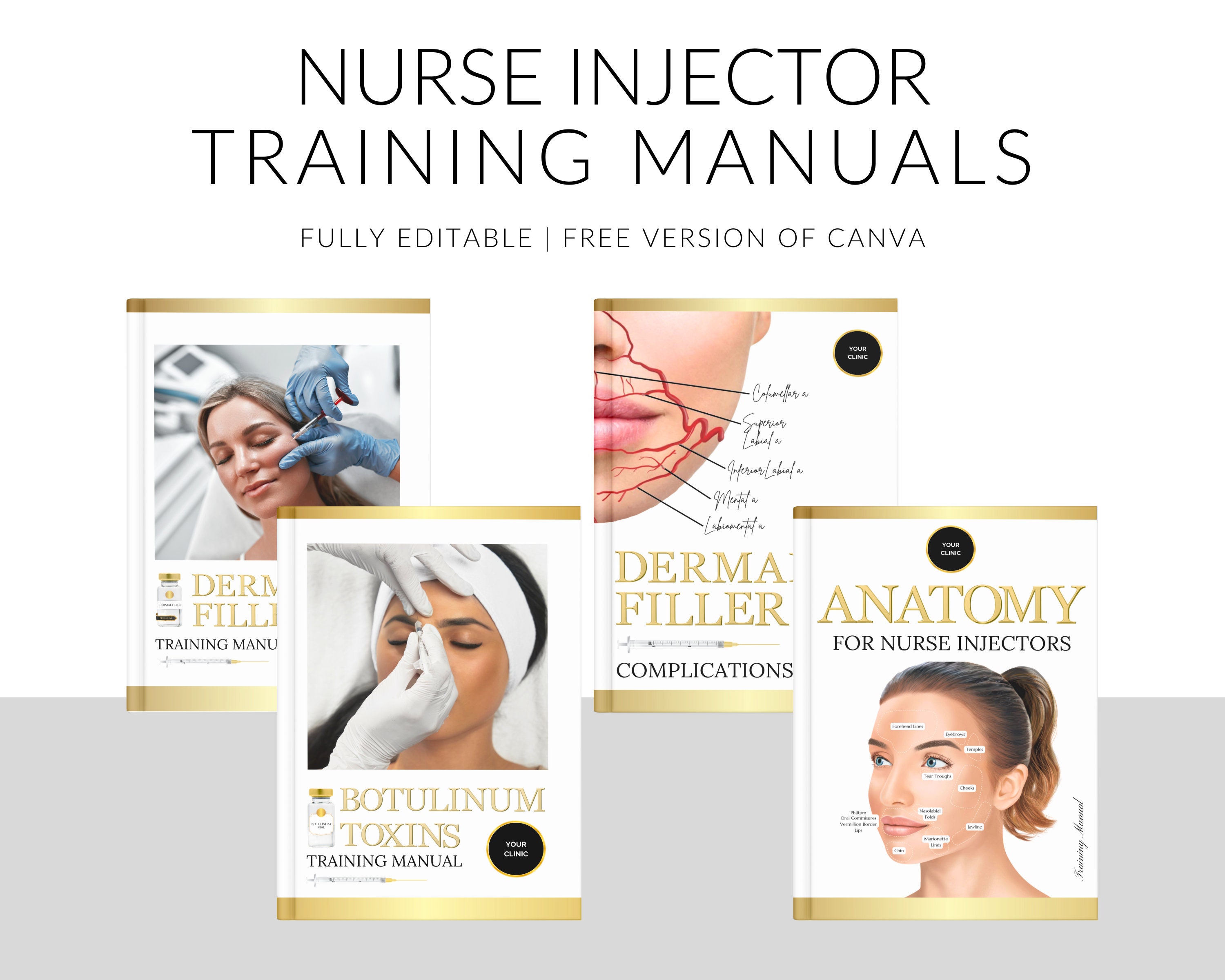 Trainingshandleidingen esthetiek Injector Compendeum, Botox, Fillers, Injectoranatomie, Complicaties, Injector verpleegkundige, Bewerken in Canva