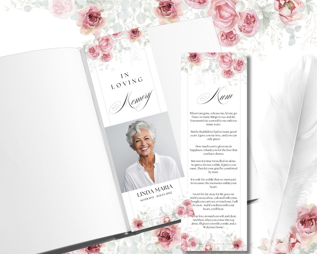 Blush Floral Funeral Bookmark Template: Editable Memorial Keepsake ...