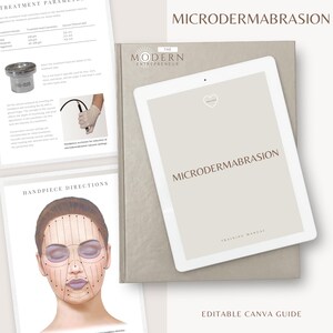 Könnte beinhalten: Ein beiges Tablet und ein Buch mit dem Text "Microdermabrasion" und "The Modern Entrepreneur". Das Tablet zeigt denselben Text. Zusätzliche Seiten zeigen Behandlungsparameter und Handstückanweisungen.