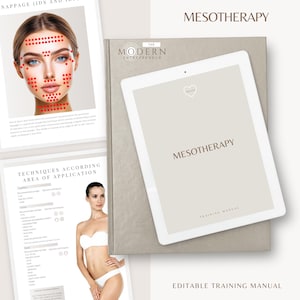 Puede incluir: Una tableta digital y documentos impresos con la palabra "MESOTHERAPY" se muestran. La tableta muestra la palabra "MESOTHERAPY" y un símbolo de corazón. Los documentos muestran diagramas y texto relacionados con el tema.