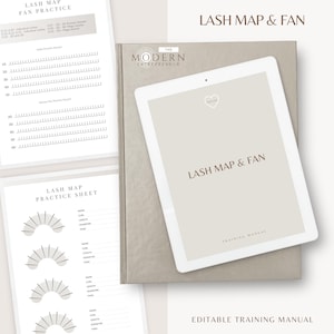 May include: A set of lash extension training resources. The image shows a tablet with "Lash Map & Fan", a notebook, and practice sheets. The sheets have diagrams and space for notes, perfect for lash artists.