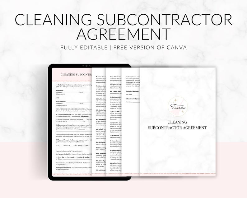 Cleaning Subcontractor Agreement Template Editable Canva Form Etsy