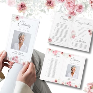 Funeral Memorial Booklet, Bi-Fold Funeral Program, Obituary Template, Celebration of Life, Keepsake, Blush Floral, Printable, Editable FF01