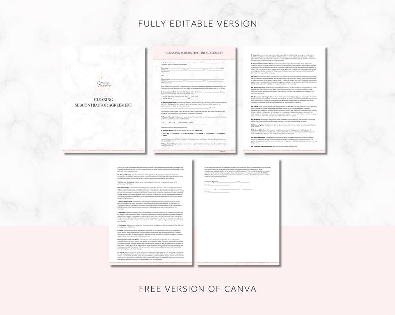 Cleaning Subcontractor Agreement Template Editable Canva Form Etsy