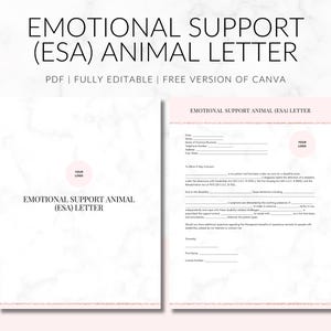 Modelo de carta para animales de apoyo emocional (ESA), aprobación de inquilinos de mascotas, edición en Canva