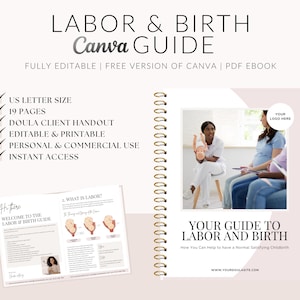 Guía de parto y nacimiento, parto y nacimiento, folleto para clientes de doula, herramienta de doula, educación sobre el parto, proceso de parto, trabajadora de partos, edición en Canva