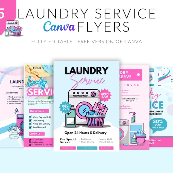 Laundry Service Flyers: Launderette Advertising Templates (Canva, Digital Download)
