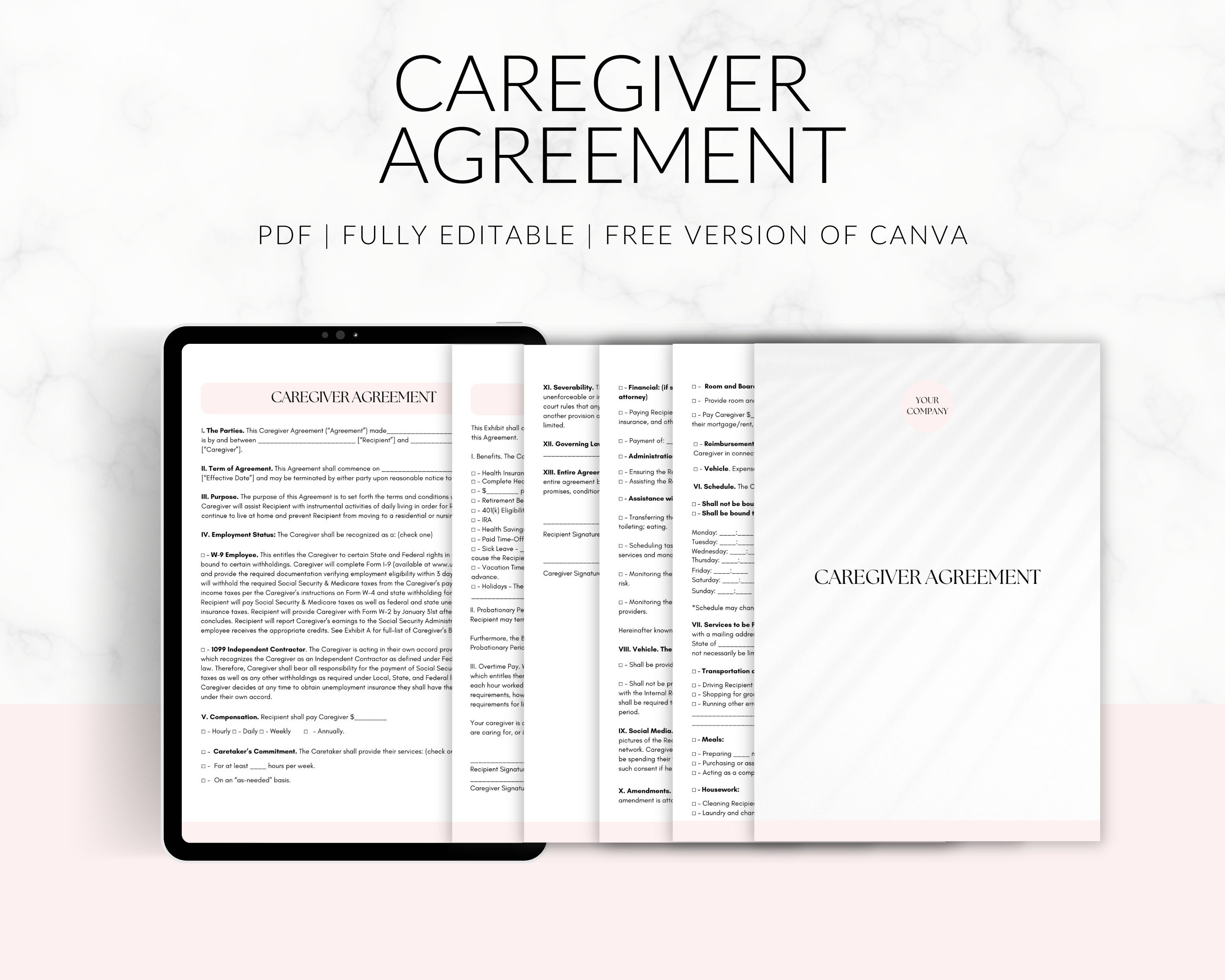 Caregiver Agreement Template, Caregiver Contract, Add Your Logo, Edit ...