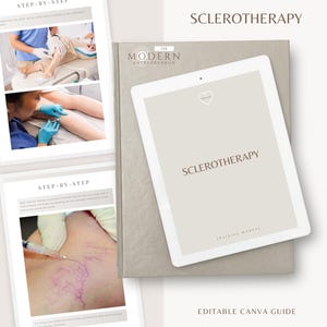 Könnte beinhalten: Ein beiges Tablet und ein Buch mit dem Text "SCLEROTHERAPY" werden angezeigt. Das Tablet hat ein Herzsymbol. Das Buch hat das Logo "THE MODERN ENTREPRENEUR". Schritt-für-Schritt-Bilder eines medizinischen Eingriffs sind ebenfalls zu sehen. Der Text "EDITABLE CANVA GUIDE" steht unten.