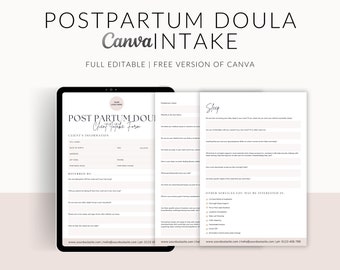 May include: A printable postpartum doula intake form with sections for client information, sleep, and other services. The form is designed to be used with Canva and is fully editable.