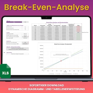 May include: A screenshot of a computer screen displaying a spreadsheet and a graph. The spreadsheet is labelled "Break-Even Analyse und Kostenstruktur" and the graph is labelled "Break-Even Analyse Stragengrund". The spreadsheet contains data relating to costs and revenue, and the graph illustrates the relationship between costs and revenue.