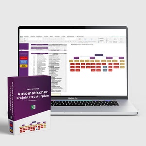Può includere: Una scatola viola con il testo "Automatischer Projektstrukturplan" e un'icona di Excel bianca. La scatola è accanto a uno schermo di laptop che mostra un grafico di gestione del progetto con una struttura gerarchica. Il grafico è etichettato come "WBS Struktur - Projektstrukturplan".