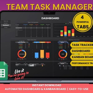 Könnte beinhalten: Ein Laptop-Bildschirm zeigt ein dunkelgraues Dashboard mit bunten Diagrammen und Grafiken. Das Dashboard trägt den Titel "Team Task Manager" und hat vier Registerkarten: "Task Tracker", "Dashboard", "Kanban Board" und "Performance Tracker". Der Text "Use it You're going to Love it!" wird unter dem Dashboard angezeigt. Der Laptop befindet sich auf einem rosa und violetten Hintergrund.