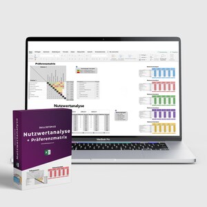Könnte beinhalten: Eine violette Box mit dem Text "SkillsetSpace Nutzwertanalyse + Präferenzmatrix" und einem Screenshot einer Tabellenkalkulation mit einem Diagramm. Die Tabellenkalkulation ist auf einem Laptop-Computer geöffnet.