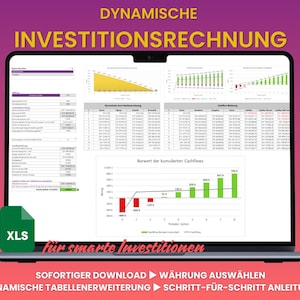 Puede incluir: Una pantalla de computadora portátil que muestra una hoja de cálculo con el título "Dynamische Investitionsrechnung" y el texto "Für smarte Investitionen". La hoja de cálculo incluye gráficos y diagramas con datos relacionados con las inversiones. La pantalla también muestra botones para "Sofortiger Download", "Währung auswählen" y "Schritt-für-Schritt Anleitung".
