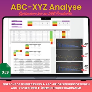 May include: A laptop screen displaying a spreadsheet with a green, yellow, and red color scheme. The spreadsheet is labeled "ABC-XYZ Analyse" and "Optimiere bis zu 500 Produkte". The spreadsheet includes charts and graphs. The text "XLS" is displayed in a green box in the lower left corner of the screen.