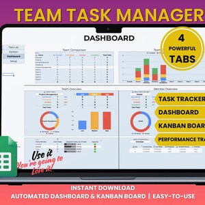 Könnte beinhalten: Ein Laptop-Bildschirm zeigt ein Team-Task-Manager-Dashboard mit Diagrammen und Datenvisualisierungen. Der Bildschirm hebt vier leistungsstarke Registerkarten hervor: Task Tracker, Dashboard, Kanban Board und Performance Tracker. Der Text "Team Task Manager" steht oben.
