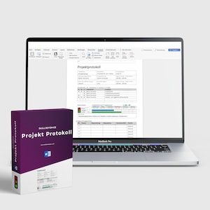 Puede incluir: Una caja de color morado y blanco con el texto "SkillSetSpace Projekt Protokoll" en ella. La pantalla de un portátil muestra un documento titulado "Projektprotokoll" con una tabla y un icono de semáforo.