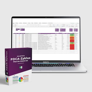 Può includere: Un laptop MacBook Pro che mostra un foglio di calcolo con analisi dei dati, accanto a una scatola viola con la scritta "PDCA-Zyklus Plan-Do-Check-Act". La scatola presenta testo bianco e diagrammi colorati.