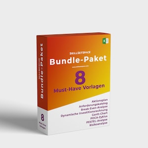Peut inclure: Une boîte rouge et orange avec le texte "SKILLSETSPACE Bundle-Paket 8 Must-Have Vorlagen" et une liste de 8 modèles Excel, notamment "Aktionsplan", "Anforderungskatalog", "Break-Even-Analyse", "Dynamische Investitionsrechnung", "Gantt-Chart", "PDCA-Zyklus", "PESTEL-Analyse", et "Risikoanalyse".