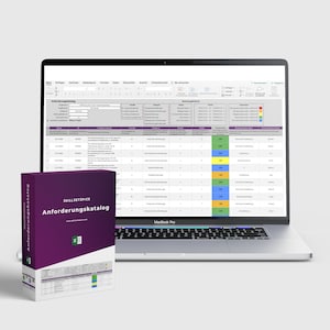 以下が含まれることがあります： 紫と白の箱に「SkillSetSpace Anforderungskatalog」という文字が書かれている。画面にスプレッドシートプログラムが開かれたラップトップコンピューター。スプレッドシートには「Anforderungskatalog」というラベルのついた列と「Bewertungskriterien」というラベルのついた別の列がある。
