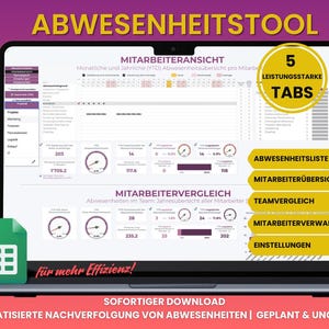 Może przedstawiać: Ekran laptopa wyświetlający program arkusza kalkulacyjnego z tytułem "Abwesenheitstool" i tekstem "5 Leistungsstarke Tabs". Program arkusza kalkulacyjnego zawiera karty dla "Mitarbeiteransicht", "Mitarbeitervergleich", "Abwesenheitsliste", "Mitarbeiterübersicht", "Teamvergleich", "Mitarbeiterverwaltung" i "Einstellungen". Tekst "für mehr Effizienz!" jest wyświetlany pod kartami. Tekst "Sofortiger Download" jest wyświetlany pod programem arkusza kalkulacyjnego. Tekst "Automatisierte Nachverfolgung von Abwesenheiten | Geplant & Ungeplant" jest wyświetlany pod tekstem "Sofortiger Download".