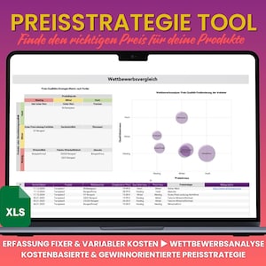 Puede incluir: Una pantalla de computadora portátil que muestra una hoja de cálculo con el título "Preisstrategie Tool" en alemán. La hoja de cálculo incluye un gráfico con el título "Wettbewerbsvergleich" en alemán. La hoja de cálculo está etiquetada con la extensión de archivo "XLS". El texto debajo de la hoja de cálculo dice "Erfassung Fixer & Variabler Kosten  Wettbewerbsanalyse Kostenbasierte & Gewinnorientierte Preisstrategie" en alemán.