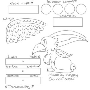 May include: A black and white line drawing of a bird-like creature with a large beak, wings, and a rabbit-like body. The image includes sections for color scheme, name, and personality traits, along with the text "Made by Froggy Do not steal".