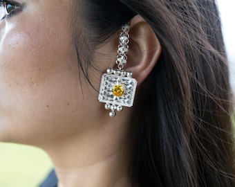 Handmade Nepali Silver Earrings with Citrine: Limbu Heritage Jewelry