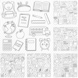 Bundle back to school line art doodle icons hand-drawn vector graphic illustration cutouts coloring PNG SVG instant download commercial use