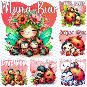 Pacote retro mãe joaninhas clip art completo em cores design de amor de mãe coração de mãe arte para impressão família fofa maternidade mãe maravilhosa gráfico