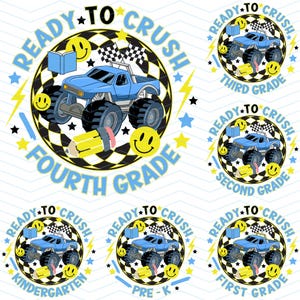 Pacchetto di monster truck per il ritorno a scuola, stampabile per l'aula, design di monster truck per la quarta elementare, primo giorno di scuola, ultimo giorno di scuola, istruzione
