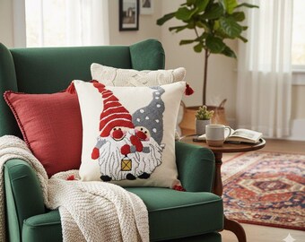 Handmade Gnome Pillow Cover, Punch Needle Design (45x45cm)