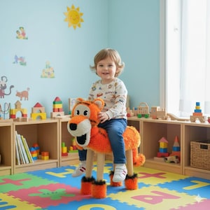 May include: A child sits atop an orange and black plush tiger ride-on toy with wooden legs. The toy has a smiling face and is in a playroom with colorful mats and wooden shelves filled with toys.