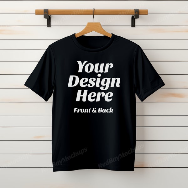 Black T-Shirt Mockup, Front and Back - Hanging Gildan 64000 Tshirt Mock Up, Print on demand tshirt mockup, Black shirt mockup.