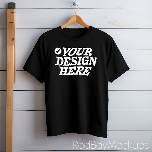 Black Gildan 64000 Hanging Mockup, Black T-Shirt Mockup, Hanging Gildan 64000 Tshirt Mock Up, Black Hanging Gildan Tshirt Mockup