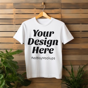 White T-Shirt Mockup - Hanging Gildan 64000 Tshirt Mock Up, Print on demand tshirt mockup, White shirt mockup. Bella Canvas 3001