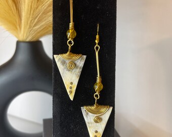 Afrocentric Bone Dangle Earrings: Handmade Brass Jewelry