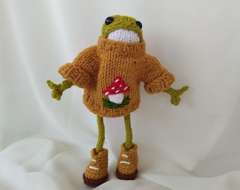 Grenouille mignonne au crochet, pull Froggie, grenouille verte tricotée, grenouille amigurumi avec des vêtements, jouet fini, cadeau pour Noël, cadeau pour anniversaire