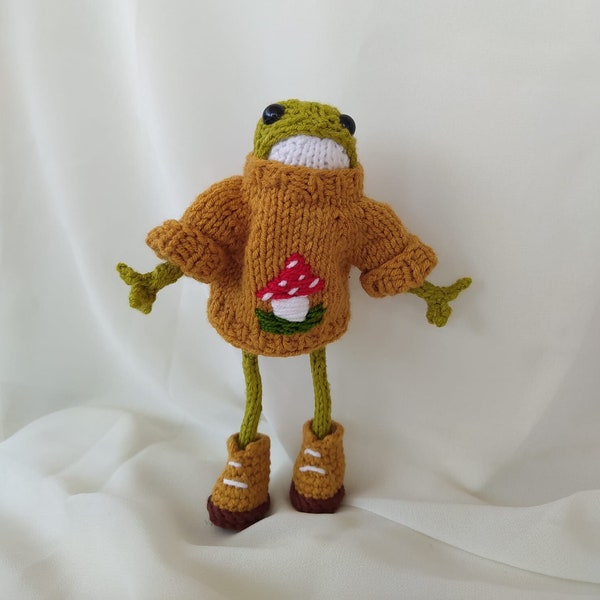 Cute crochet frog, Froggie's sweater, green frog knitted, amigurumi frog with clothes, finished toy, Gift for christmas, Gift for birthday