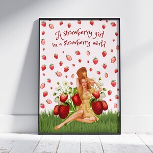 strawberry girl, strawberry digital print, strawberry wall art, strawberry illustration, coquette digital print, coquette room decor, poster