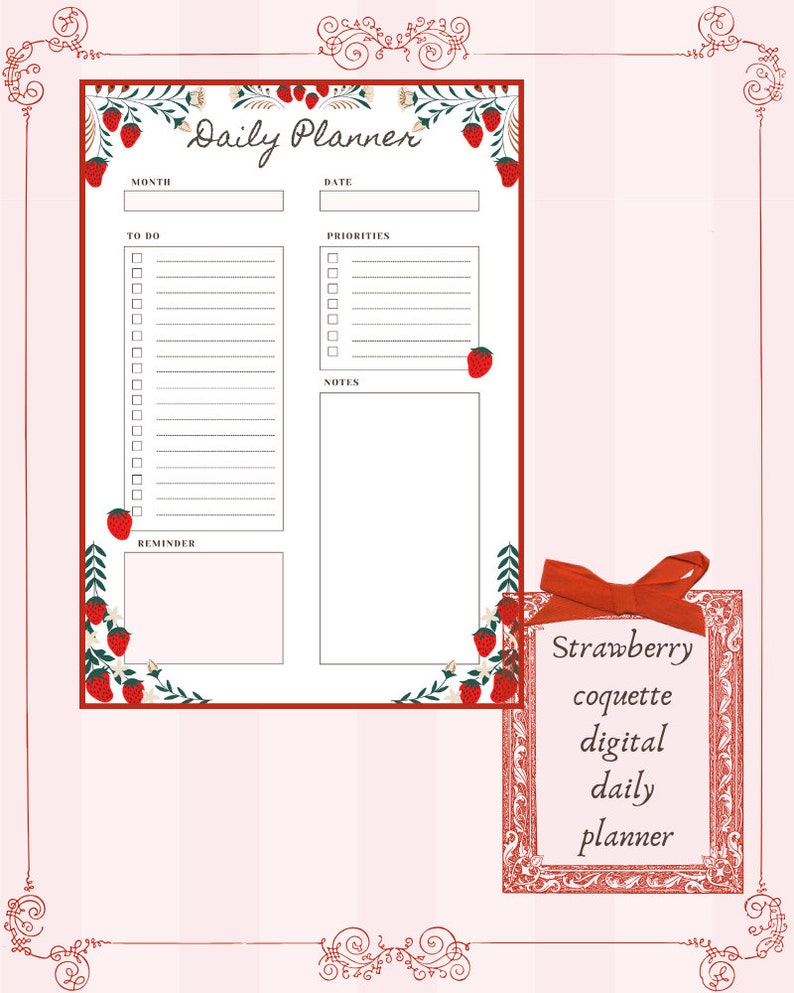 Strawberry Coquette Digital Planner, Coquette Weekly Planner