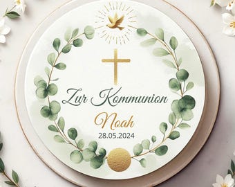 Cake topper comunione - Personalizzato con colomba, croce, foglie, nome e data, di bellezza unica