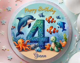 Fondant birthday cake topper magical underwater world design, with dolphins, turtles and octopuses – magical sea world