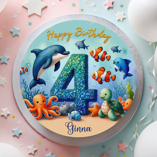 Cake topper fondant birthday magical underwater world design, with dolphins, turtles and octopuses - magical sea world